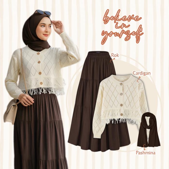 Louvee Outfit / one set remaja 3in1 /  Setelan Kekinian / outfit wanita kekinian / Cardigan Rajut + 