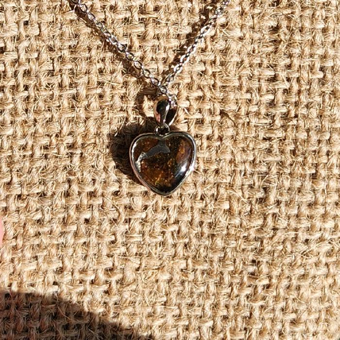 Pallasite Meteorite Heart Pendant 2 sided with chain, kalung kristal meteor pallasite 2 sisi
