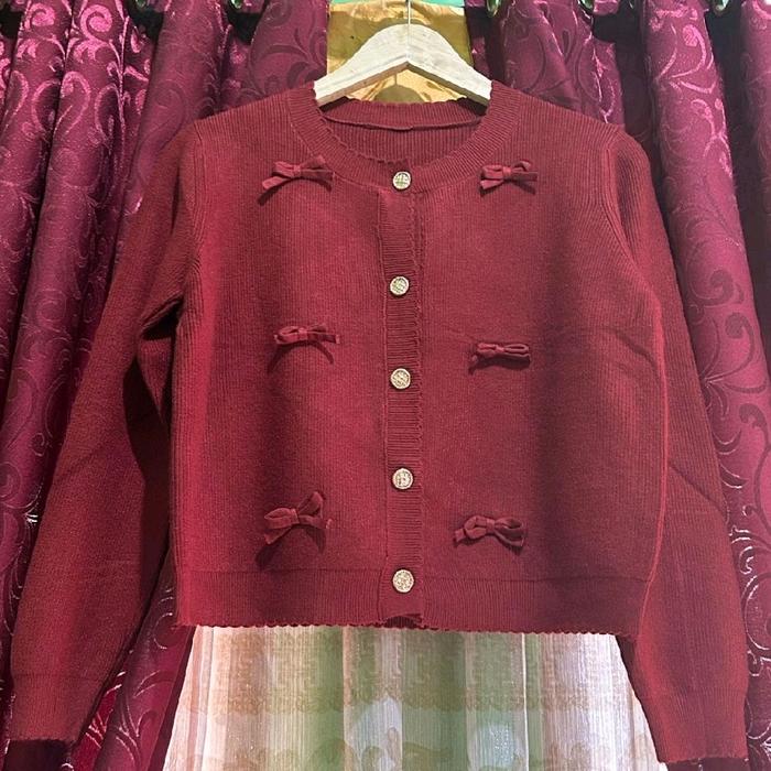 Baju Rajutan Wanita CAIA Maroon dengan Pita Impor BKK-CHINA - Kancing, Katun, Dewasa, Panjang, Casua