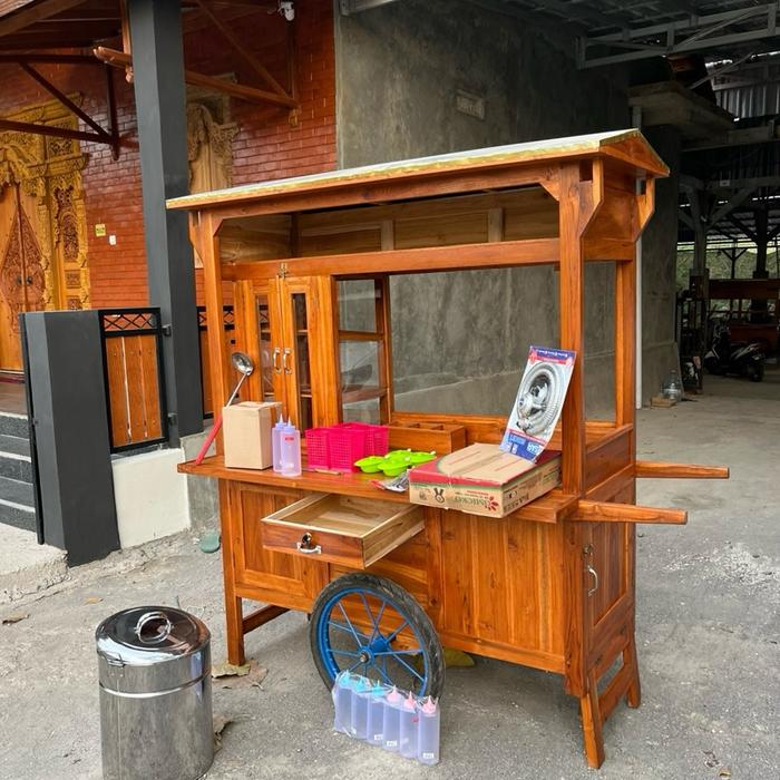 Gerobak Bakso Kayu Jati 150cm x 75cm x 185cm dengan Perabot Dagangan Siap Jualan Roda Motor dan Pera