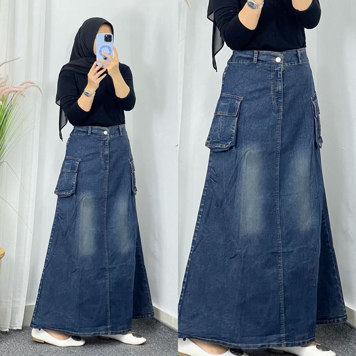 Fisya Fashion Rok Kargo Flare Denim Vj Jeans Wanita//Skirt Panjang//High Waist Korean Style