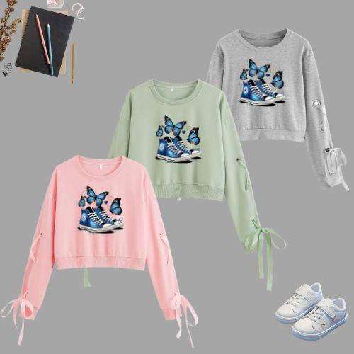 Atasan Sweater Crop Top Anak Perempuan Tali Pita Korean Style Gambar Sepatu Kupu-Kupu Aestetic Cewek