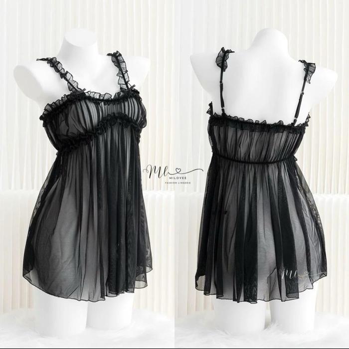 MILOVEE 483 BABYDOLL - Lingerie Mini Dress Nylon Transparan Non Cup Wanita Dewasa Hitam Putih Fit to