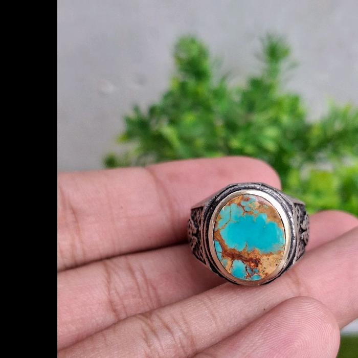 Natural Pirus Persia Origin Iran Warna Biru Serat Emas Ring Alpaka Super Model Tanam