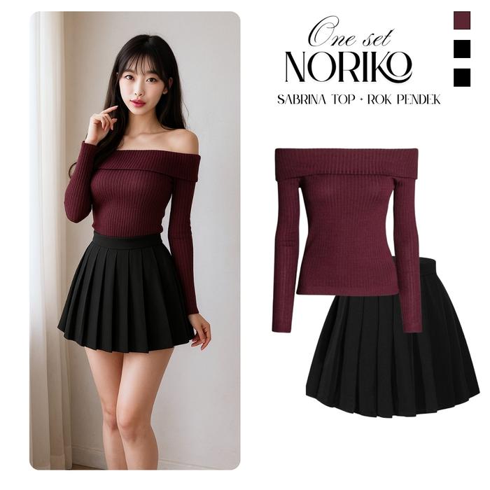Noriko One Set Premium 2in1 Atasan Sabrina Top Maroon Dan Rok Pendek Hitam Setelan Remaja Seksi Eleg