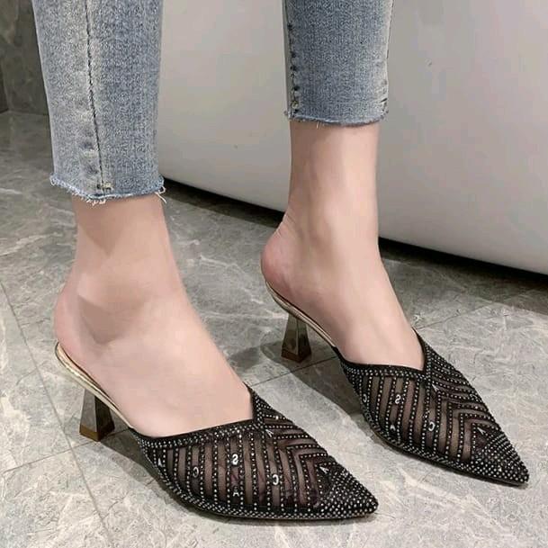 Zeakha DC04 Sandal Heels Pesta Kondangan Wanita Hak Stiletto 7 Cm Hitam Karet Shoes High