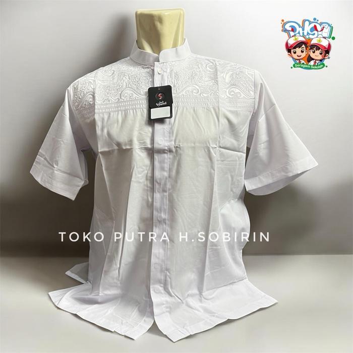 P.H.S-Fashion Baju Koko Syamil Putih Bersih Lengan Pendek Bahan Katun Halus Motif Bordir Full Kancin