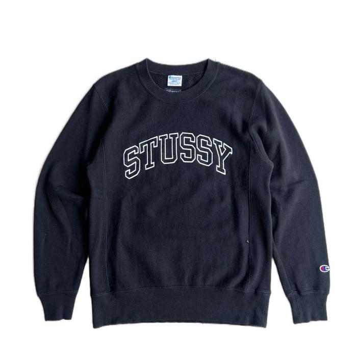 Sweater STUSSY x CHAMPION Logo Bordir Hitam Pekat