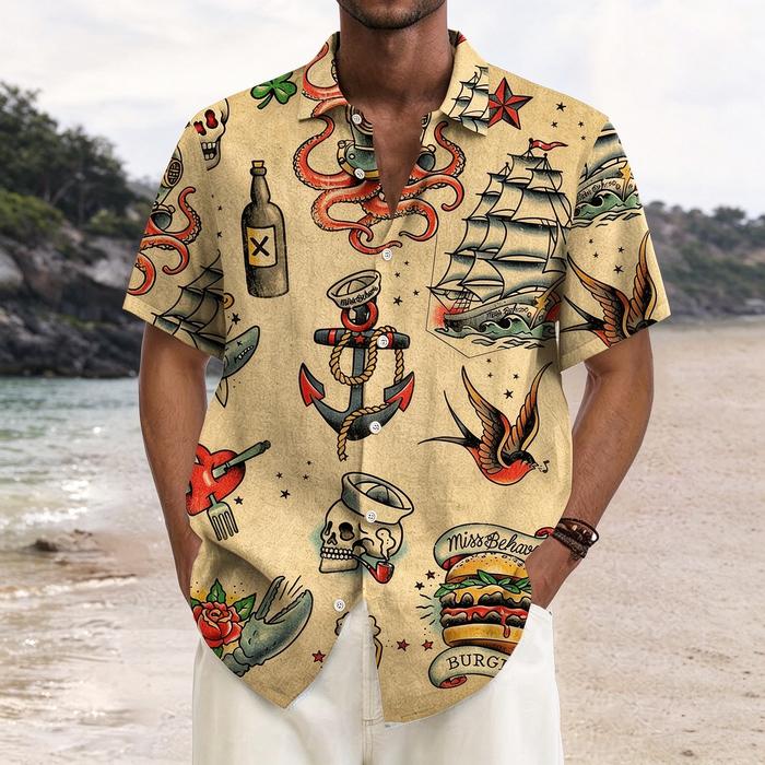 Kemeja Lengan Pendek Pria Motif Tato Bahari Kapal Jangkar, Model Kerah, Gaya Kasual Retro Polos Gari