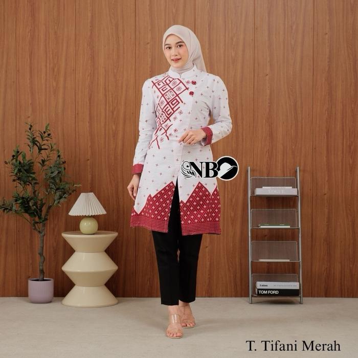Tunik Batik Wanita Modern Atasan Baju Batik Wanita Lengan Panjang Model Resleting Belakang