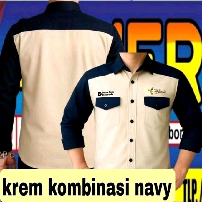 ready stok krem kombinasi navy Kemeja pupuk Indonesia baju pupuk Indonesia seragam pupuk Indonesia h