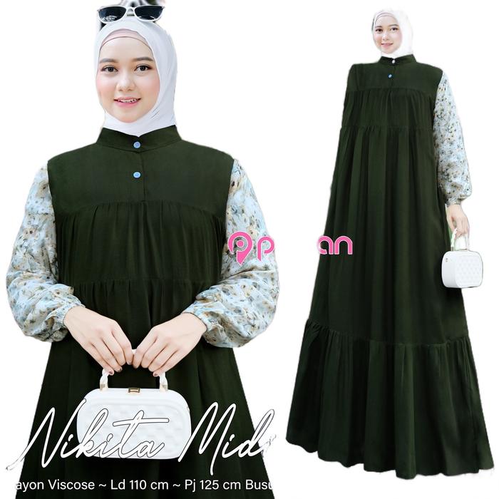 [Pinkan] Nikita Moza Midi Dress Kombinasi Rayon Viscose Floral Bunga Mint Milo Maroon Bata Lembut Mu