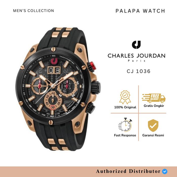JAM TANGAN CHARLES JOURDAN CJ1036-1572C ROSEGOLD BLACK RUBBER ORIGINAL