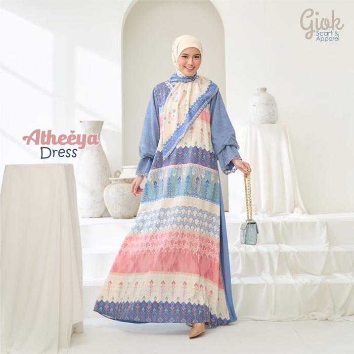 Atheeya Dress by Giok Scarf - Dress gamis Print motif warna biru pink