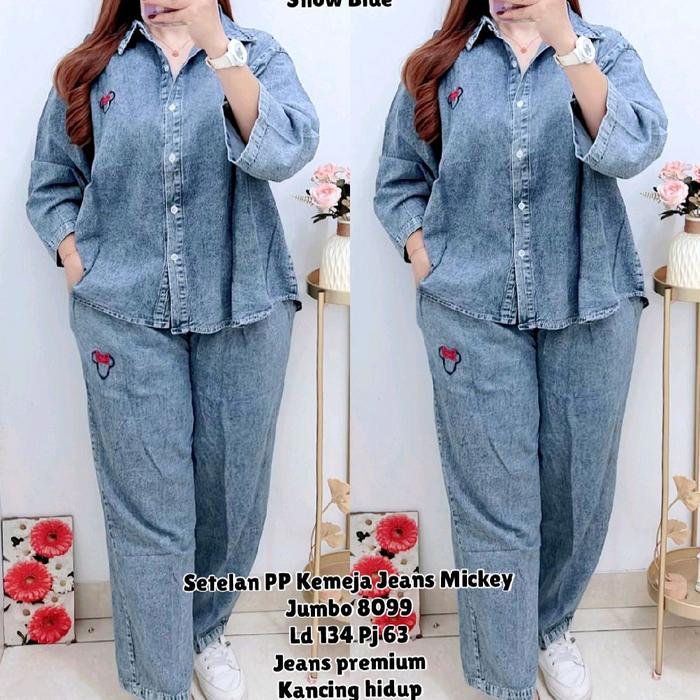 8099 SETELAN PP KEMEJA JEANS MICKEY JUMBO WANITA/SETELAN BAHAN JEANS WANITA/ONE SET LD 134