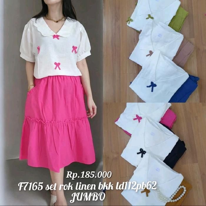 Paris Setelan rok linen blus putih pita warna