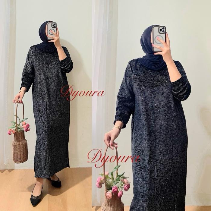 Dress bludru line premium Ori BKK / gamis bludru payet printing