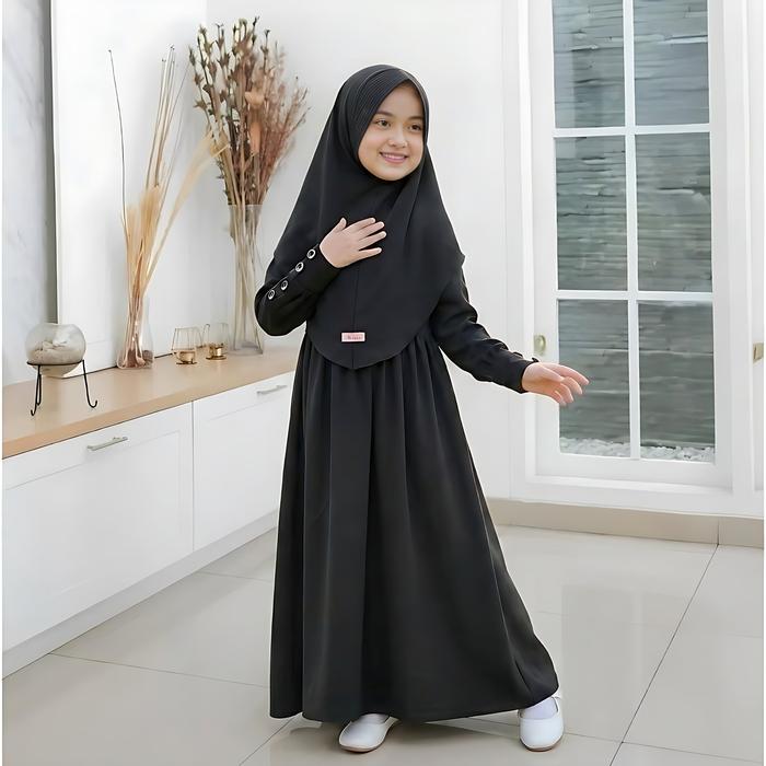 Gamis Anak Perempuan Set Hijab Bergo 5-13 Tahun Baju Muslim Anak Syari Warna Putih Hitam Denim Bata 