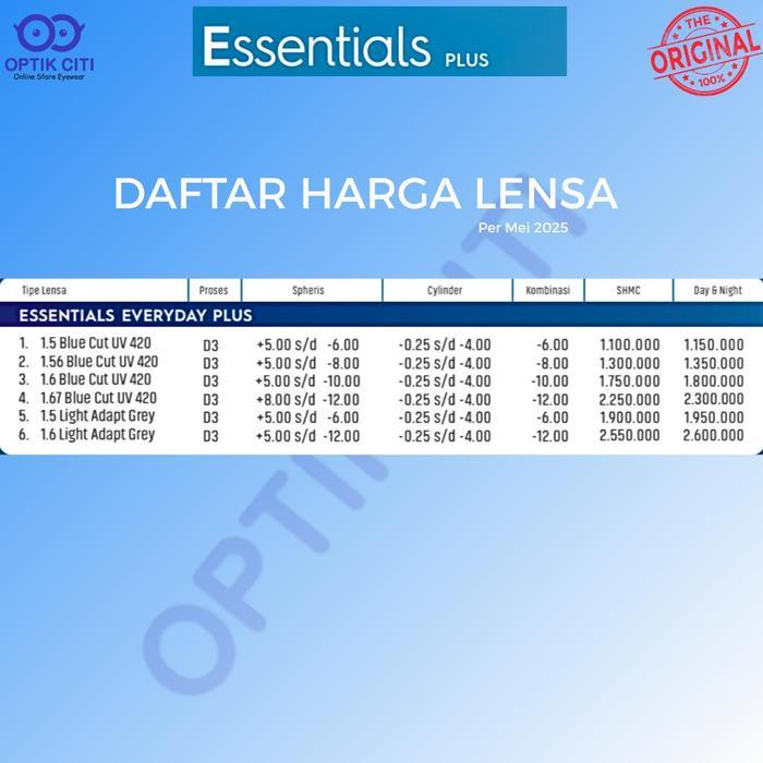 Lensa Progresif Essilor Essentials Everyday Night Drive Original