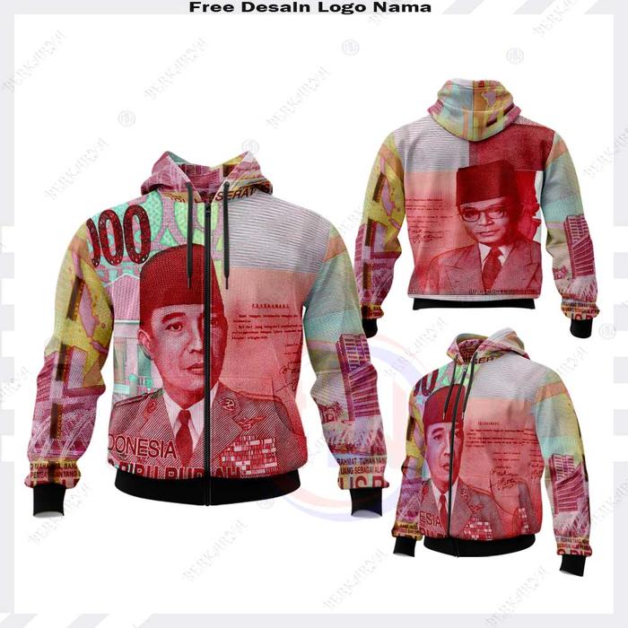 Jaket Hoodie Resleting Uang Seratus Ribu Full Printing Custom Nama & Logo Gratis