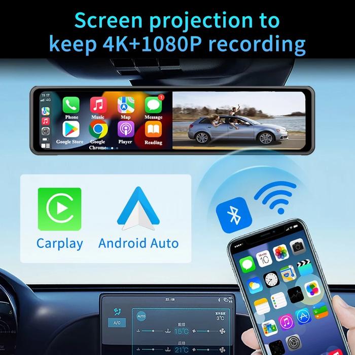 12inch 4K Car Dash DVR Cam Rearview Camera Wifi Carplay& Android Auto