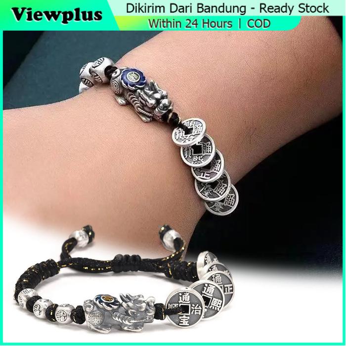 Gelang Pixiu Titanium Tali Hitam Pria Feng Shui Asli Perak Pixiu Gelang Keberuntungan China