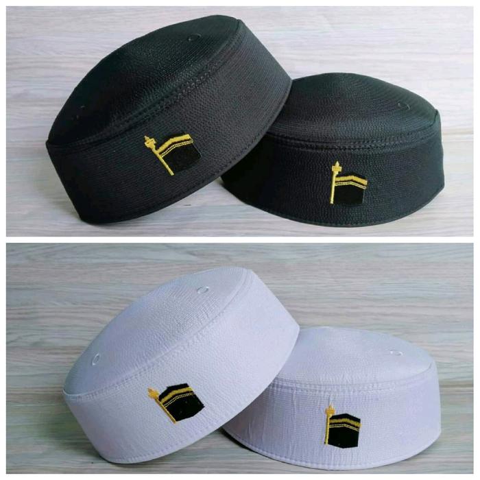 grosir peci isi 20pcs peci malaysia logo ka, bah Songkok Pria Hitam Putih Motif Bordir Kopiah Muslim