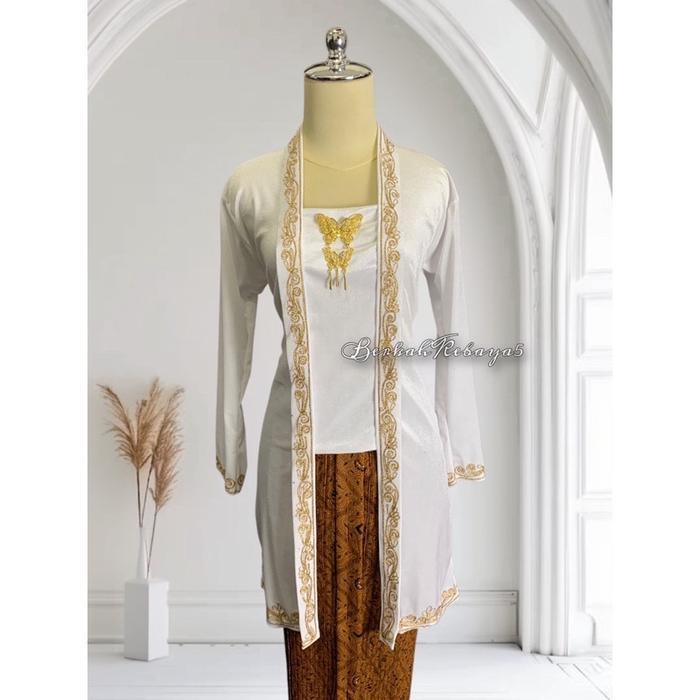 Setelan Kebaya Tunik Bordir Gold + Jarik Wiru Plisket Motif Sidomukti