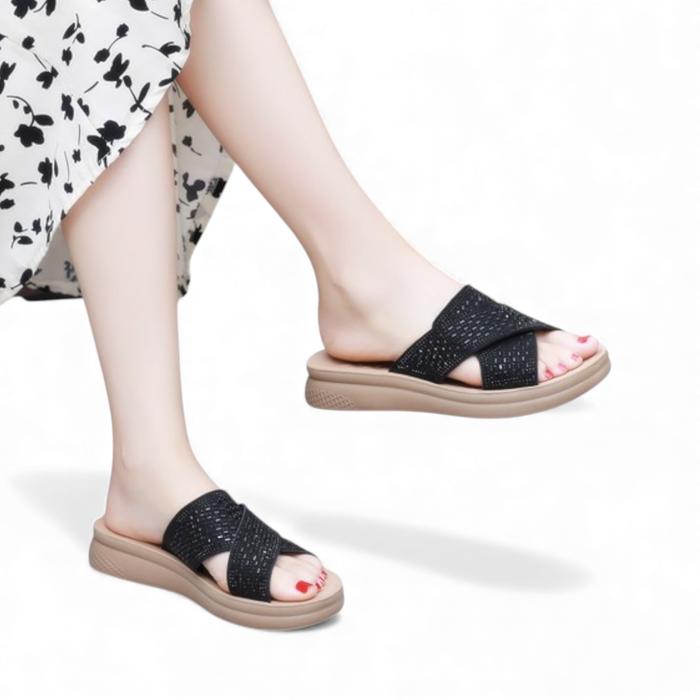 Sandal Teplek Wanita 3cm Slip-on Flat Permata Fashion Kondangan Mewah Premium Sendal Model Calbi
