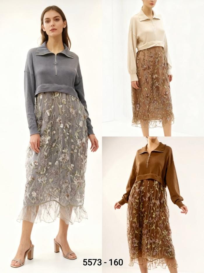 5573 Gamis Rajut II Fashion Pakaian Wanita II Maxi Dress - Rajut Kombinasi Brukat