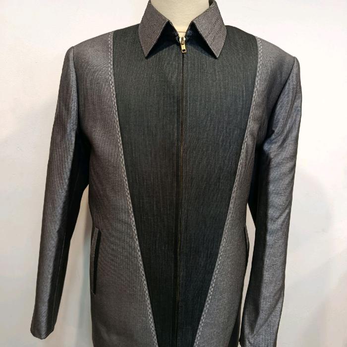 jasket pria abu kombinasi hitam mewah elegan,  bahan semi wool,  custom size