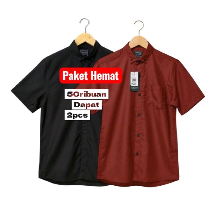 BRL Paket hemat 50ribu Kemeja pria lengan pendek slimfitt hitam standart-jumbo maron hitam