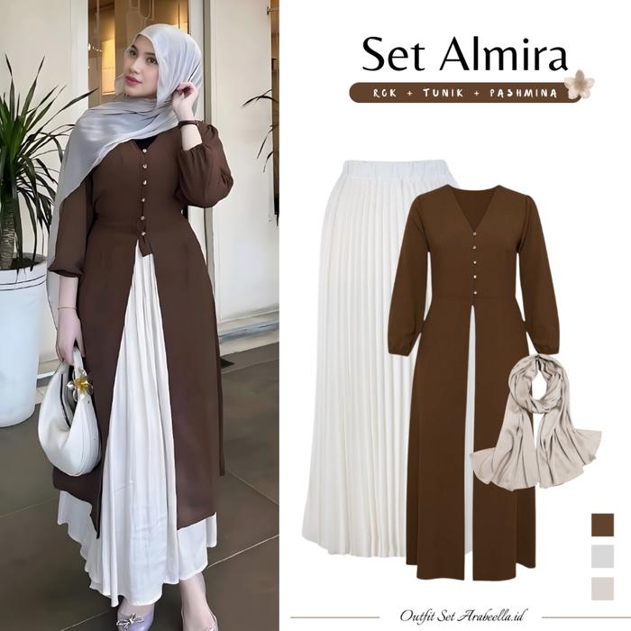 Setelan Wanita Almira Rok Plisket + Tunik Kancing + Pashmina Silk Outfit Hijab Kekinian Remaja | Oot