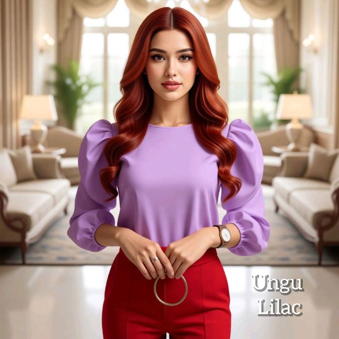 Baju Atasan Korea Wanita Lovena Tunik Lengan Balon Kemeja Blouse Modern Blus Dewasa Ungu Lilac