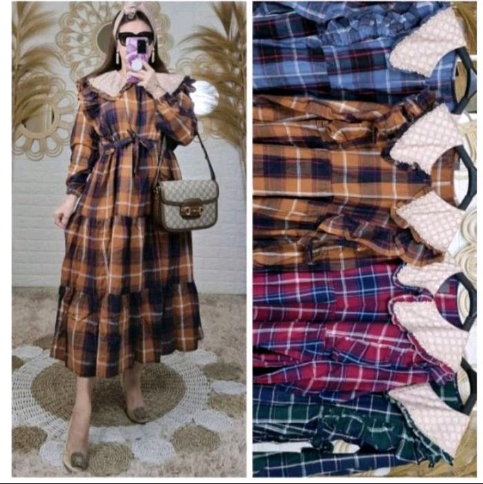 Midi kotak Flanel  dress by Meijiwang