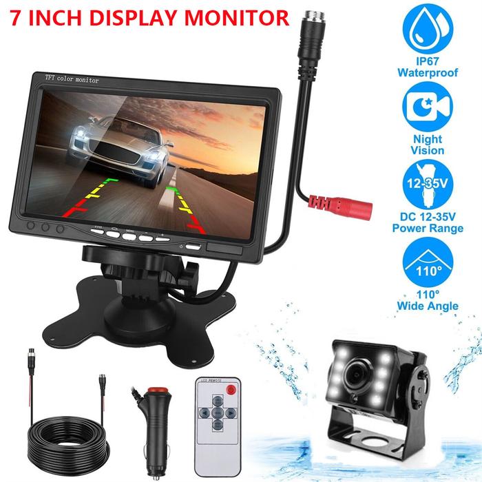 7 Inch HD Display Monitor 12V/24V Car Rear View Camera Reverse Image DVR with 8 LED Waterproof Rear 