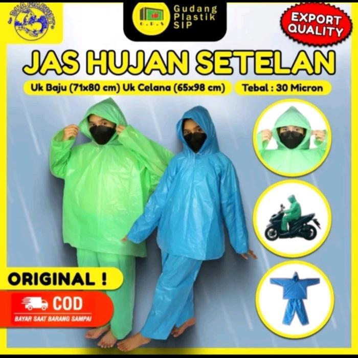 Gudang Plastik Risput Jas Hujan Setelan Biru Hijau Merah Model Jaket & Celana 1 Set Material Cap Dja