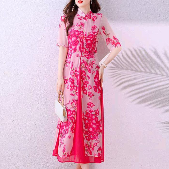 SH305 Cheongsam Dress Floral Pink Elegan