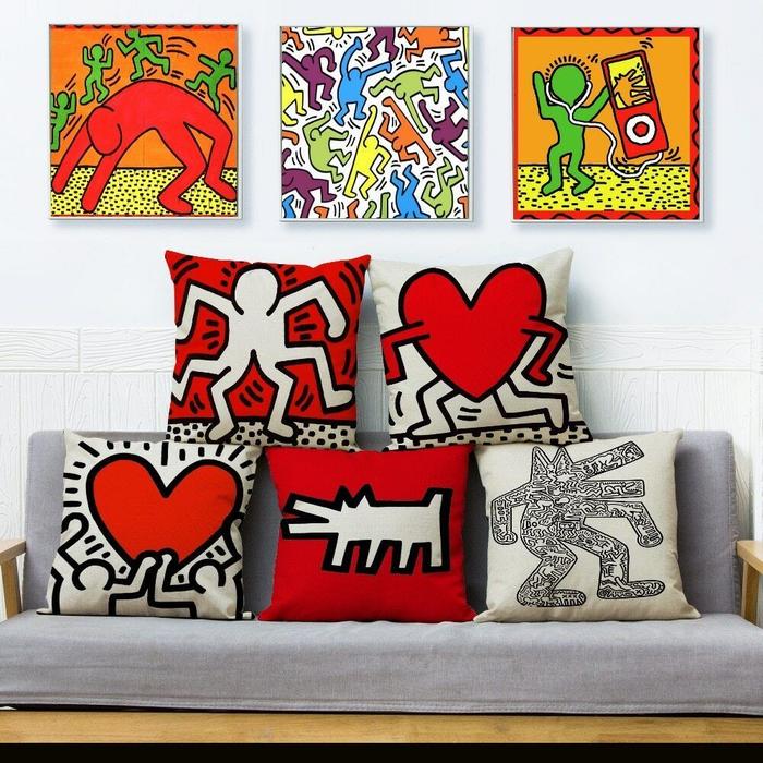 Heart Shaped Graffiti Cushion Cover Beige Linen Pillow Case Pillow