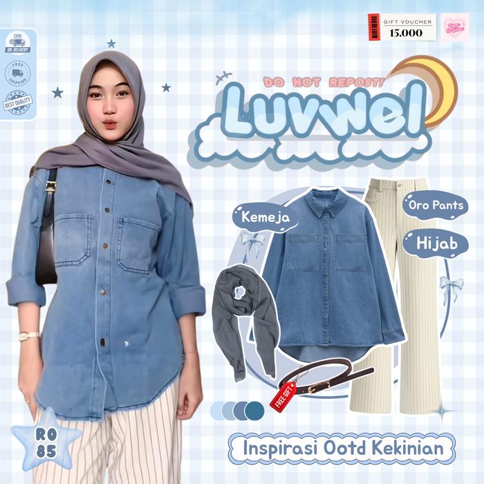Lala One Set Ootd Berhijab ( Bella Square + Kemeja Jeans + Oro Pants ) One Set Hijab Style - RO85