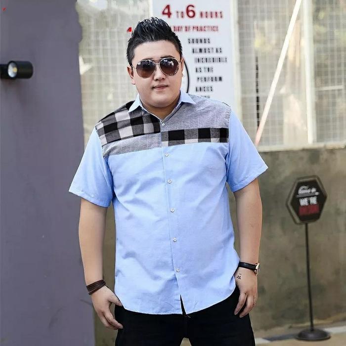 Kemeja jumbo pria lengan pendek big size katun Discus Hitam Kaos Panjang Baju