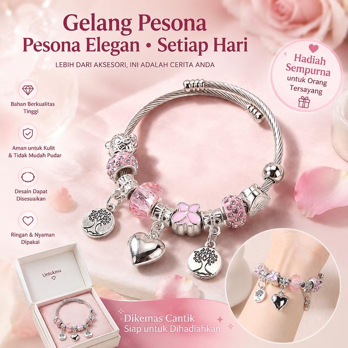 Gelang Titanium MM Anti Alergi (Hypoallergenic) | Liontin Anggrek & Pohon Kehidupan Estetik, Tidak B