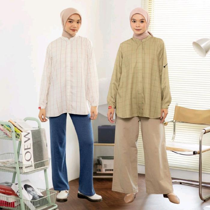 Dauky Atasan M Tunic Plaid Rayon Kemeja Kotak Adem Santai Tunik Wanita Kancing Dauky