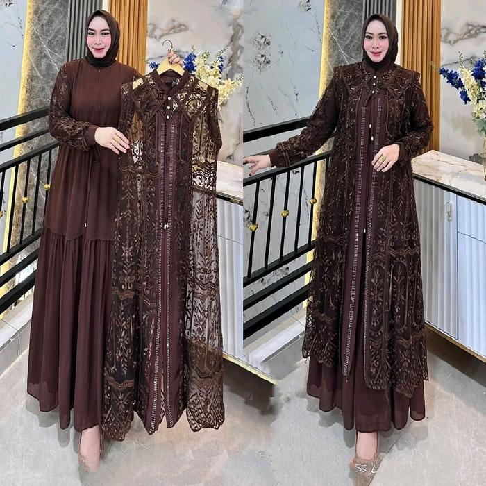 Rumana Dress Bahan Ceruty Babydoll Full Puring Mix Brukat Variasi Swaroski Kondangan Elegant Outer B