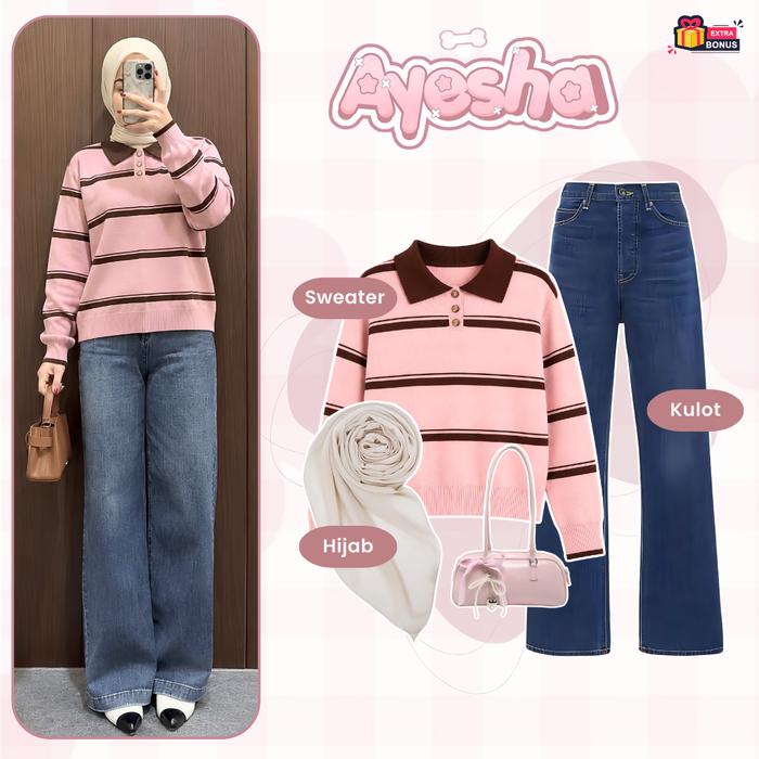 Oneset One set 3in1 Setelan Wanita Sweater Rajut Kerah Polo stripe Salur Knitwear Celana Kulot High 