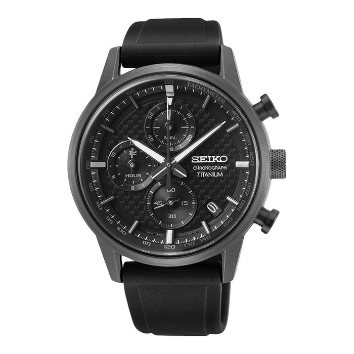 Jam Tangan Pria Seiko Chronograph SSB393P1 Titanium Discover More Black Dial Black Silicone Strap