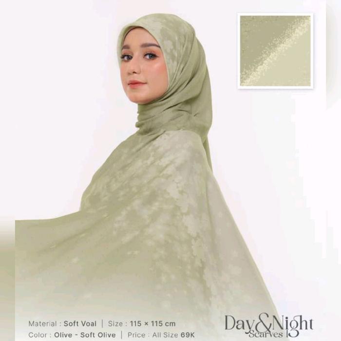 Nibras Hijab Day and Night Hijau Pupus Muda Olive Soft Motif Bunga Jilbab Kerudung Segi Empat Square