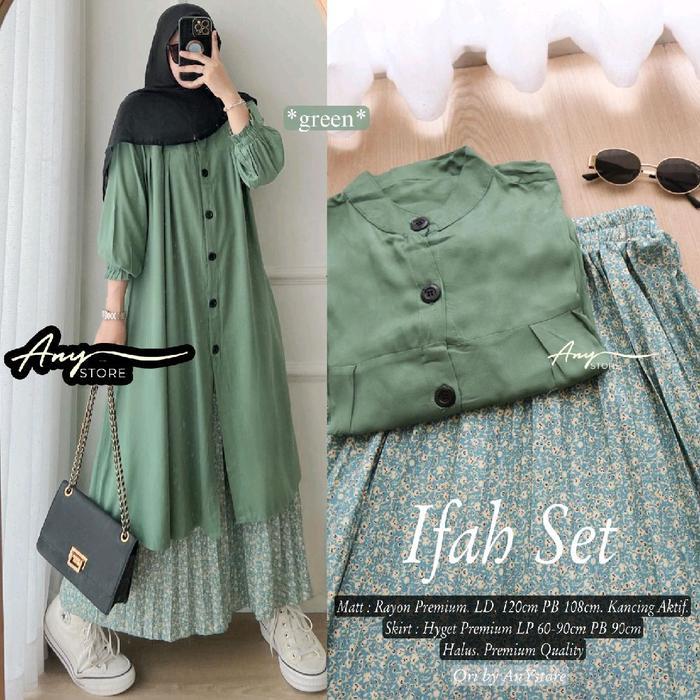 ifah one set tunik dan rok by A.N.Y store long tunik rayon rok plisket motif bunga skirt plisket flo