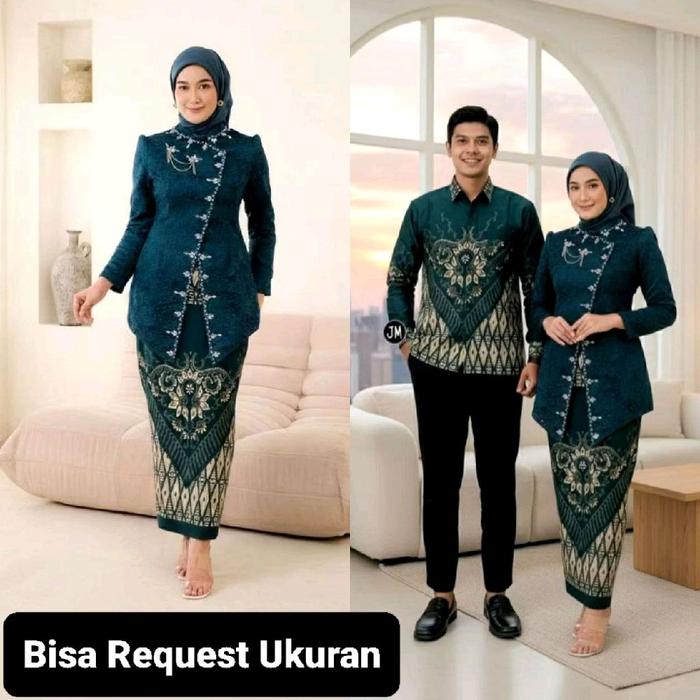 SET KEBAYA JANGGAN POLA EMERALD ORI COUPLE KEMEJA PREMIUM CUSTOM ANAK & JUMBO / BAJU SETELAN SERAGAM