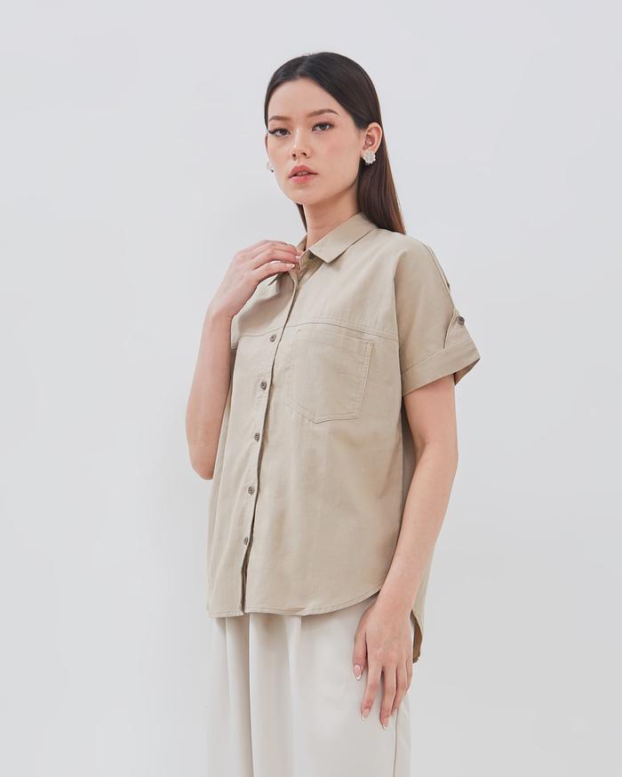 Urban Exchange Alisha Shirt Cream - Atasan Kemeja Wanita Lengan Pendek